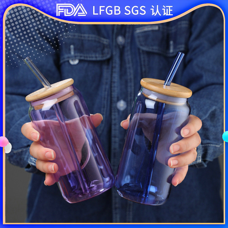 Colorful covered straw cups, glass high borosilicate heat-resistant glass cups, high appearance level milk tea, coffee and cola cups full figure