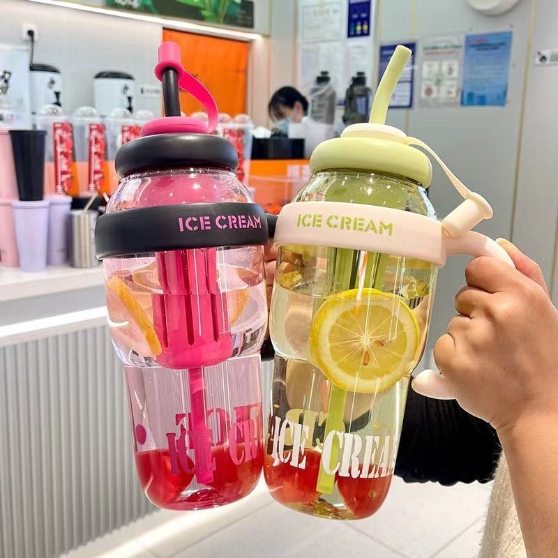 2024 New summer cute feng shui Cup, high appearance level cup for male and female college students, portable plastic water cup with straw details Picture