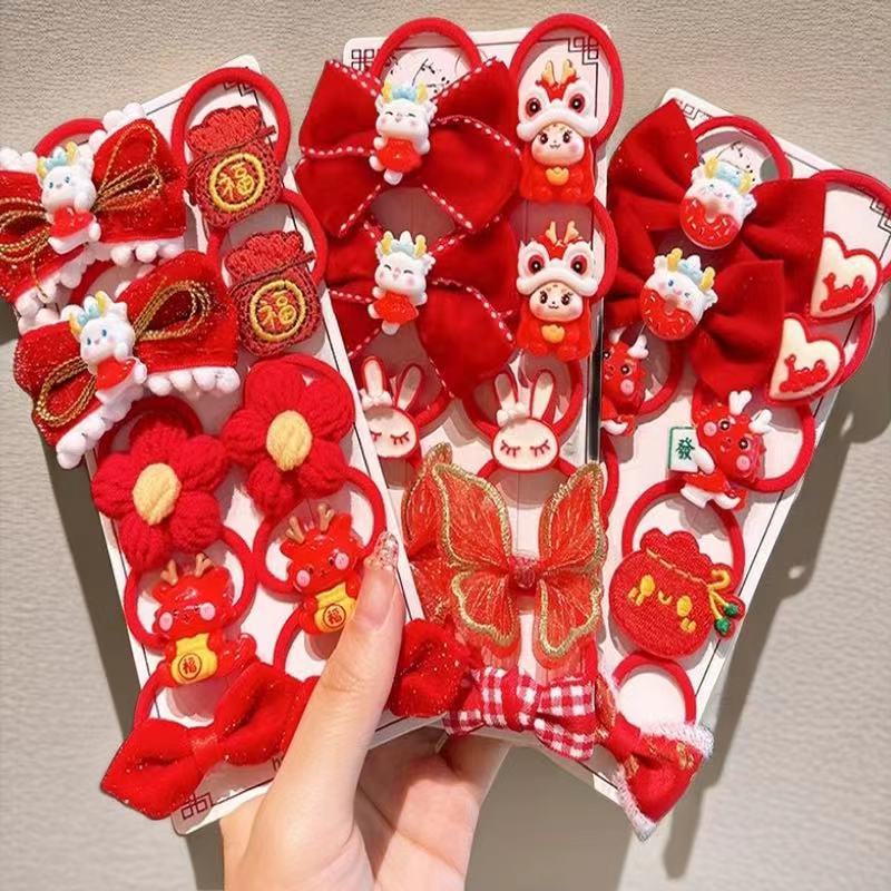 Super cute red children's rubber band, festive Spring Festival hair accessory, New Year's hair tie, no damage to hair, good elasticity, girl baby hair band Specification drawing
