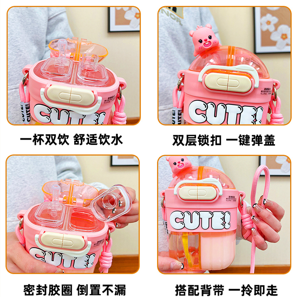 Cute multi-compartment water cups, cartoon dolls, student and children's straw cups, double-drinking girls, high appearance level portable plastic cups Application Scenario