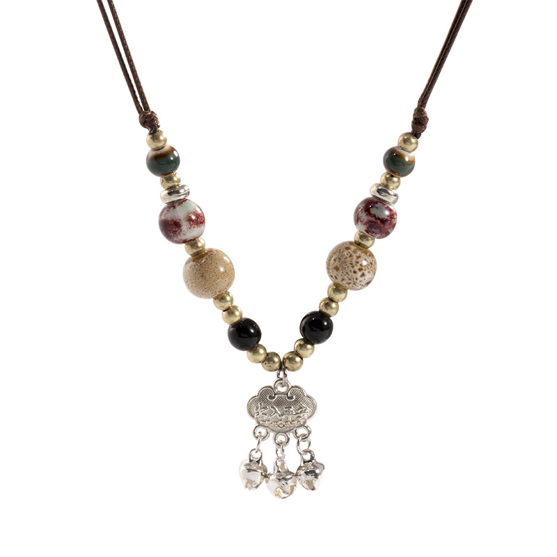 Peace Lock buckle retro Chinese trend beaded necklace for women, a unique and versatile ethnic woven collarbone chain accessory Item Picture