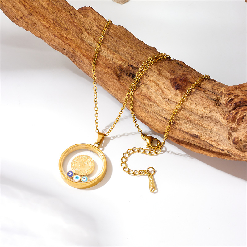 European and American fashion, niche design, simple and individual round plate eye pendant chain titanium steel necklace Specification drawing
