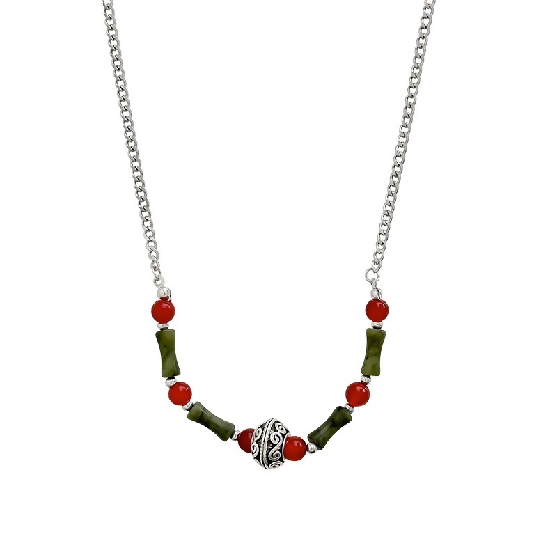 New Chinese-style peace pendant agate beaded necklace, a niche design for women, retro bamboo joint spliced vintage collarbone chain accessory Item Picture