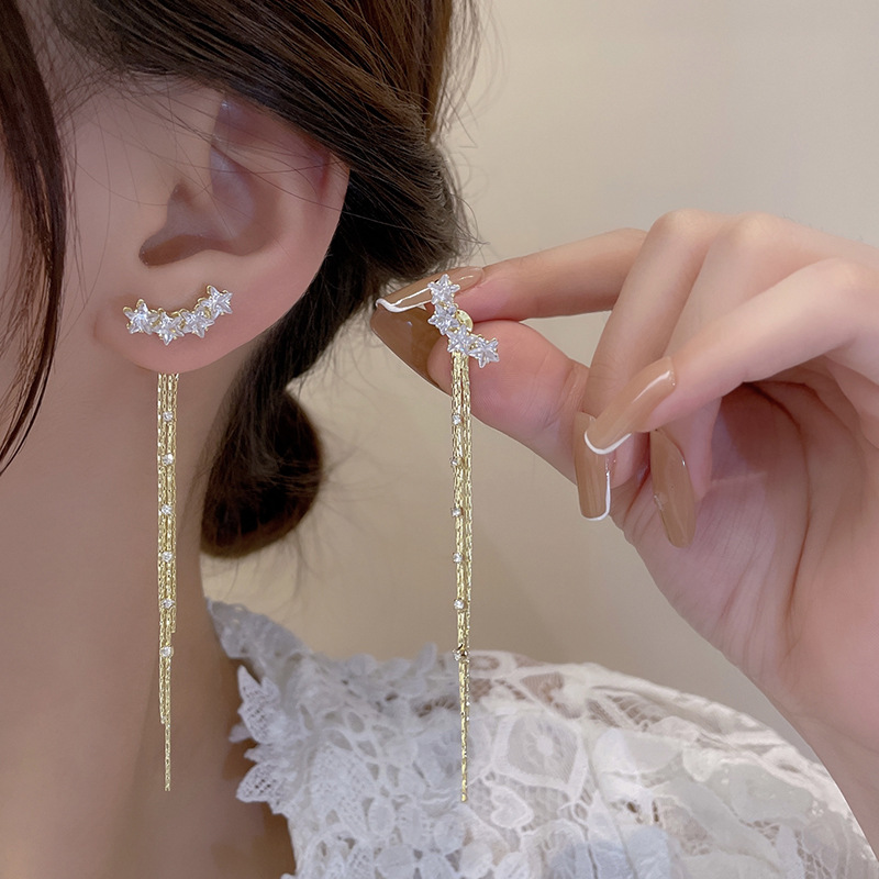 Light luxury and high-end five-pointed star tassel earrings for women, new 2024 style, grand and elegant ladylike stud earrings, a popular and stylish ear accessory details Picture