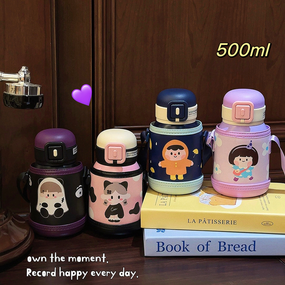 Xiong Xiaodou's cute baby children's insulated cup, cute cartoon anti-drop water bottle, stainless steel portable leather case, straw water cup details Picture