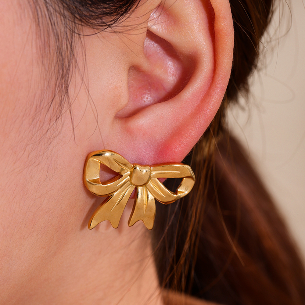 Bow stainless steel stud earrings for women, with a light luxury and high-end feel that does not fade. European and American ins style geometric cut, a cross-border bestseller Specification drawing