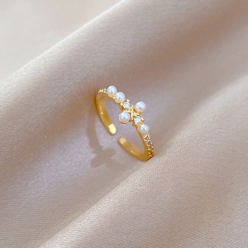 【 Real Gold 】 Pearl cross ring with adjustable opening, simple wristband, Japanese-style couple rings full figure
