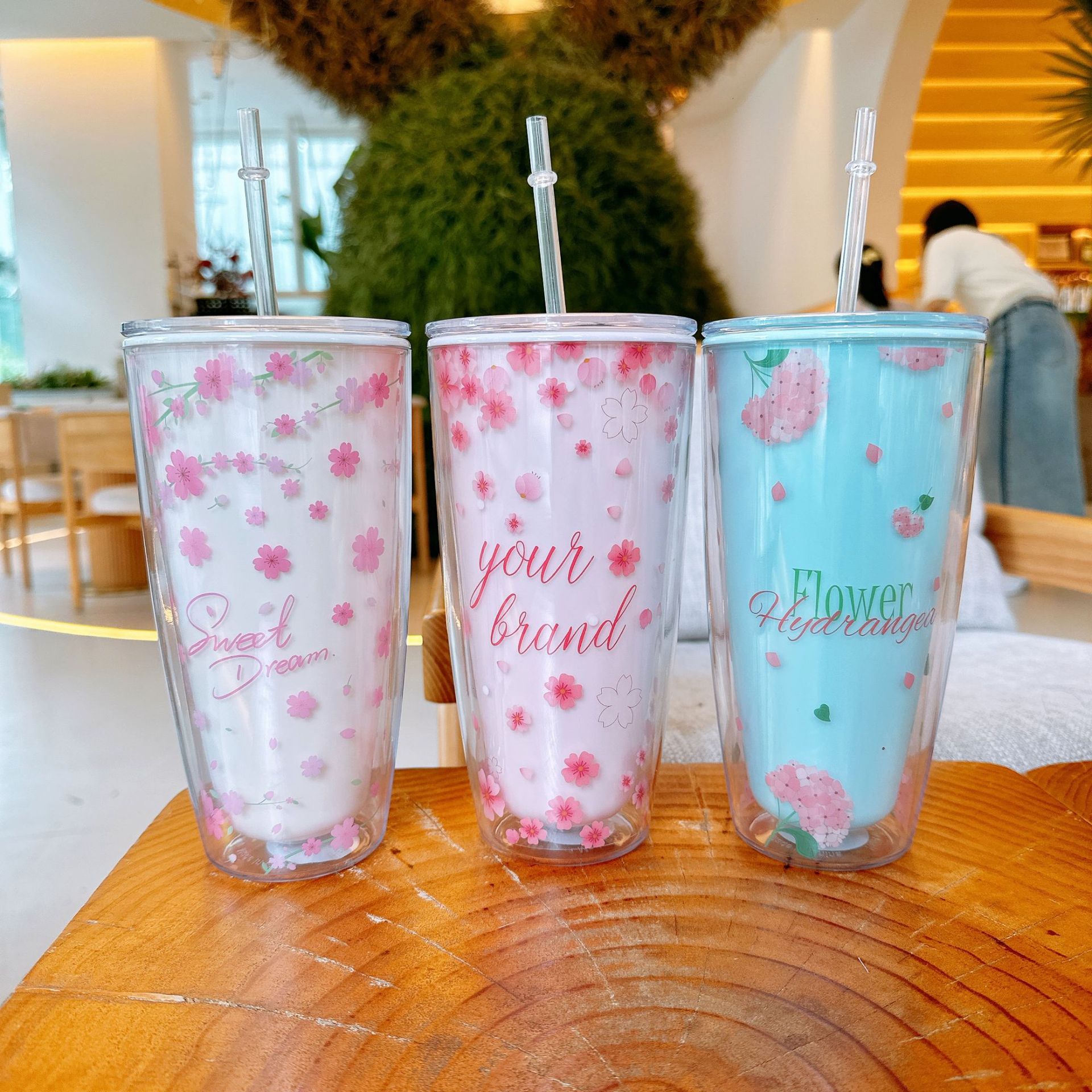 Cherry blossom straw cup, high appearance level for girls, double-layer anti-scald plastic cup, ins style office and home cross-border water cup wholesale details Picture