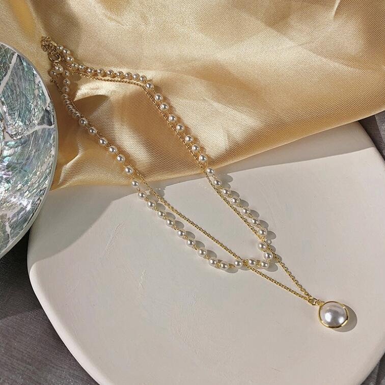 Retro pearl collarbone chain, a versatile necklace from Dongdaemun, South Korea. Niche design, elegant and refined, a ladylike double-layered necklace Specification drawing