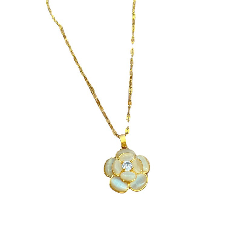 【 Titanium Steel 】 Light luxury cat-eye flower transparent real gold necklace, lucky female Instagram influencer collarbone chain accessory Item Picture