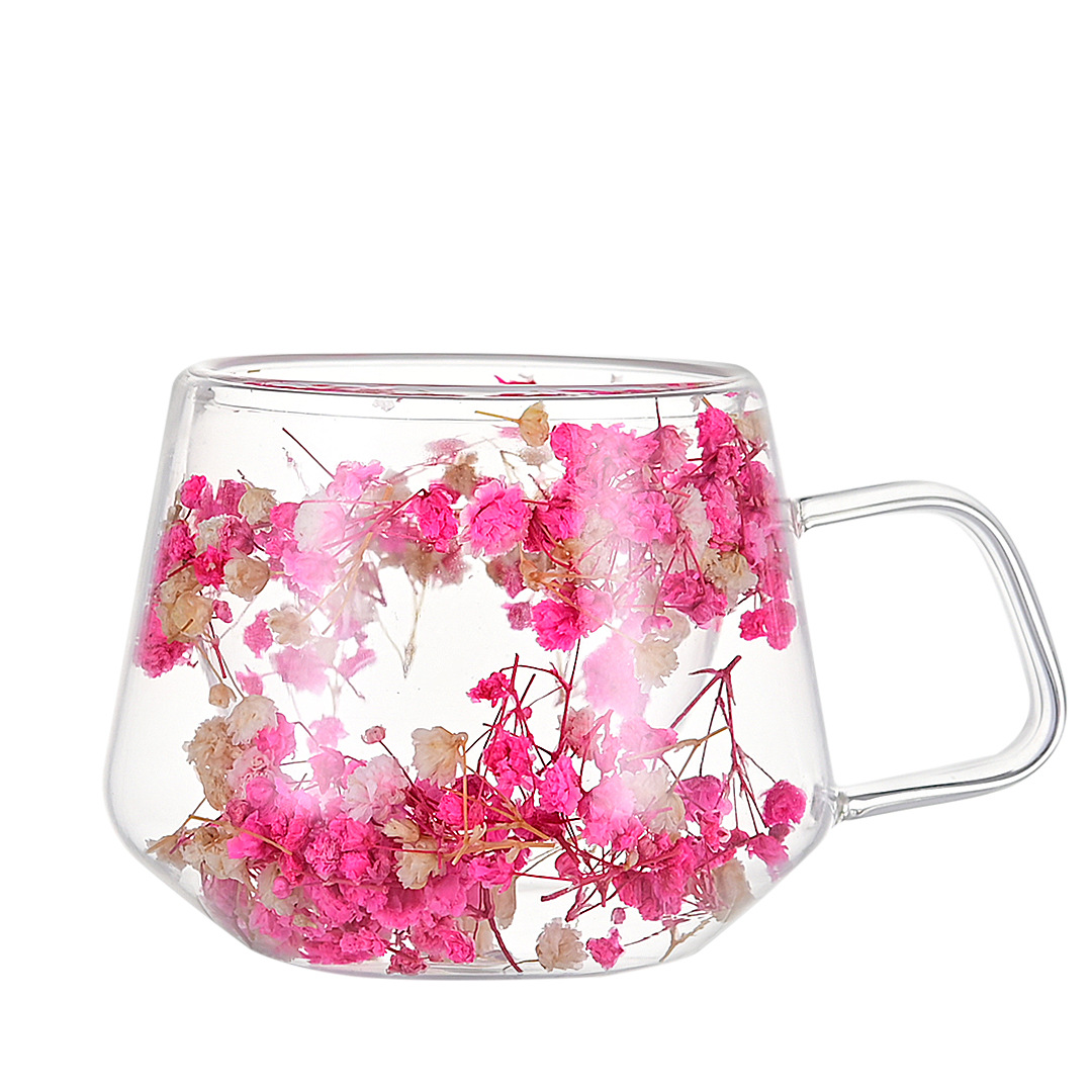 Cross-border new product, popular double-layered glass cup with real flowers, high appearance level, souvenir coffee cup, high borosilicate simple cup Item Picture