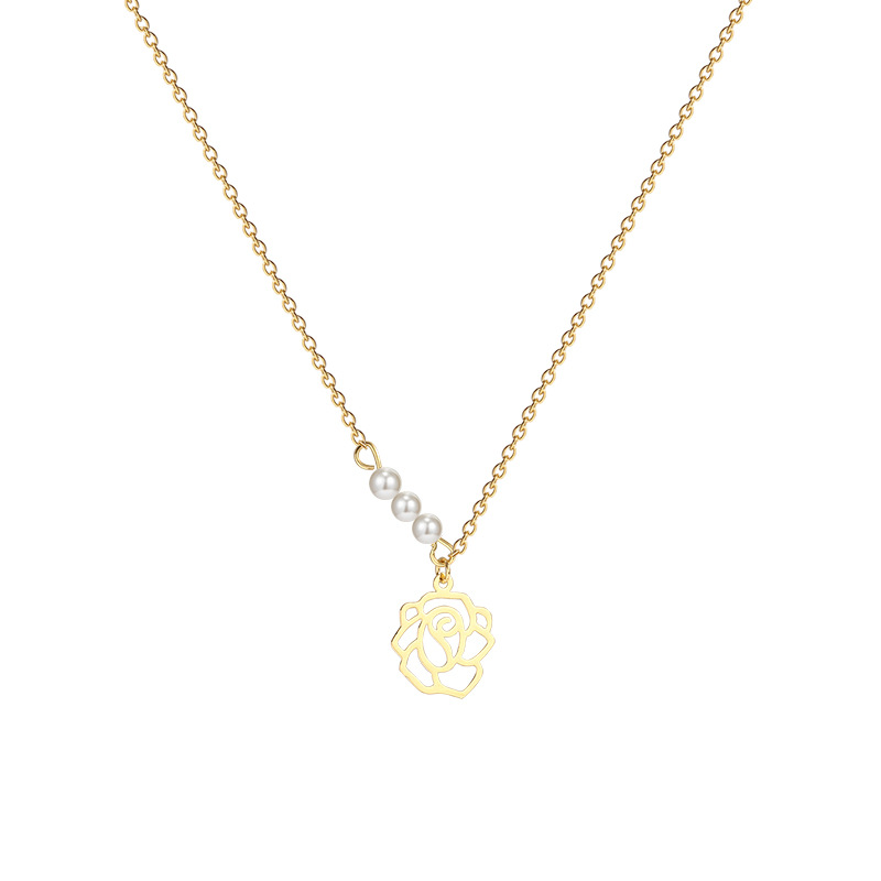 The 2025 new style of hollowed-out rose titanium steel necklace with a light luxury, niche and high-end feel, pearl neckchain and collarbone chain accessories Item Picture