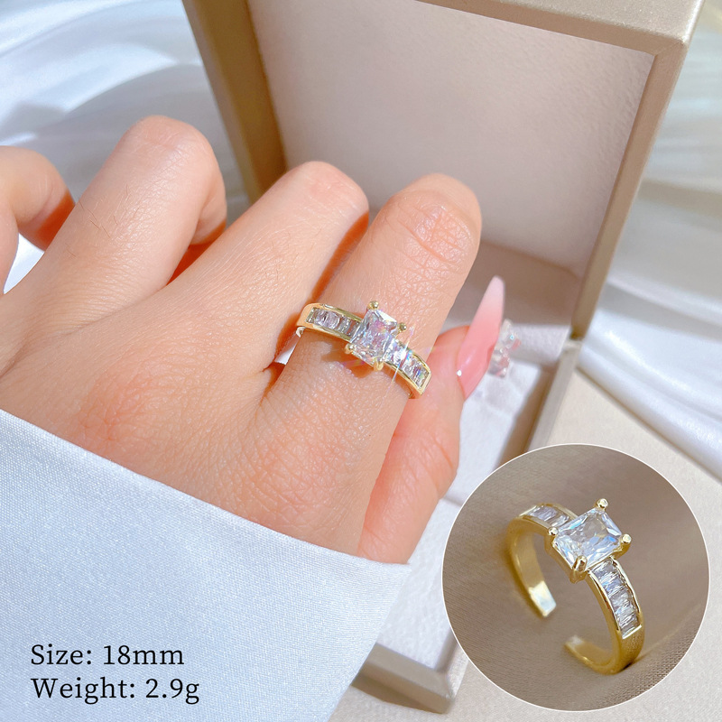 【 Real Gold 】 Square diamond full zirconium wedding ring, adjustable ring opening, simple jewelry, Japanese-style ring couple rings full figure