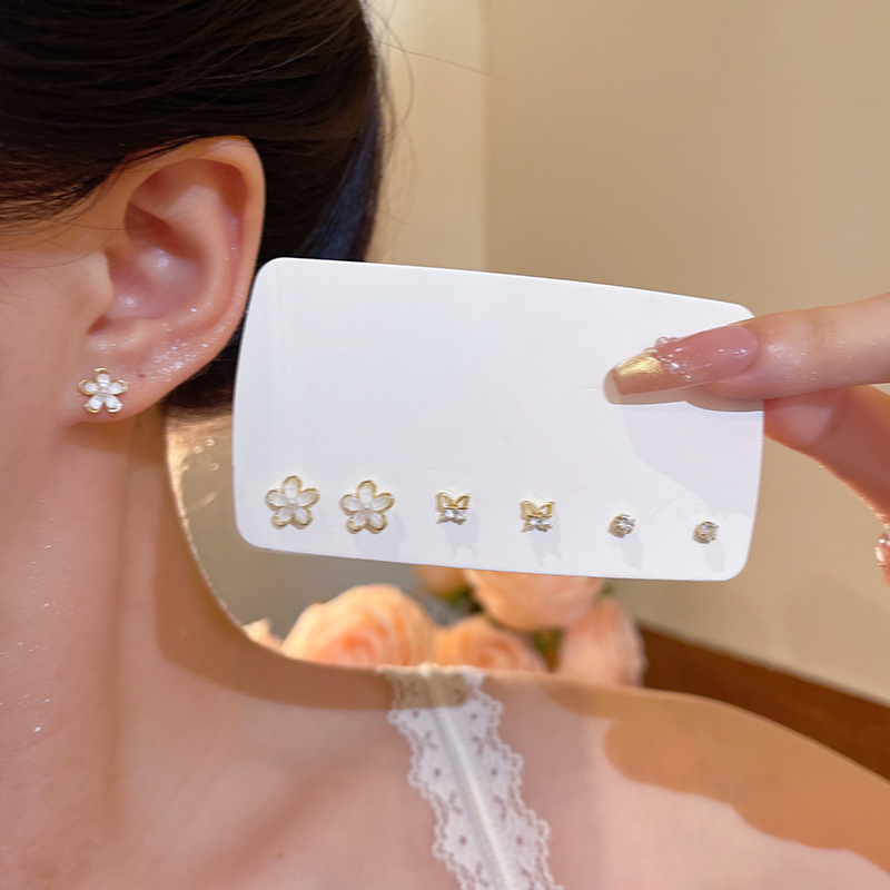 Zircon butterfly flower stud earrings for women, sweet, niche and versatile three-pair set earrings, design sense and personality earrings details Picture