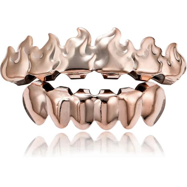 The new cross-border hip-hop flame braces metal are selling well. HIPHOP hip-hop gold braces Halloween gold teeth decoration Specification drawing