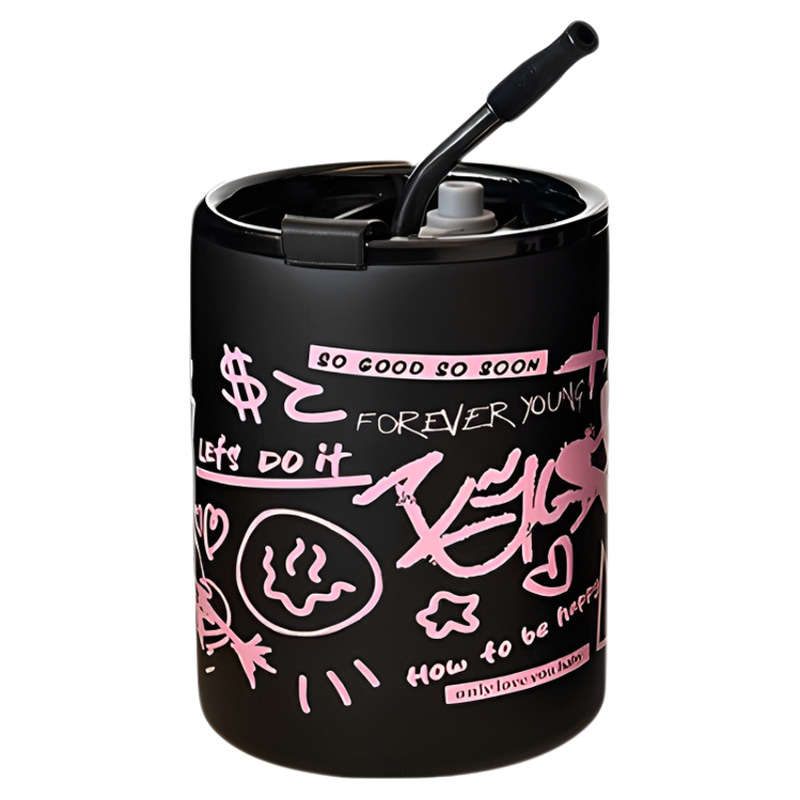 Creative portable double-layer graffiti coffee cup, office girls' straw cup, outdoor stainless steel water cup, household cup Item Picture