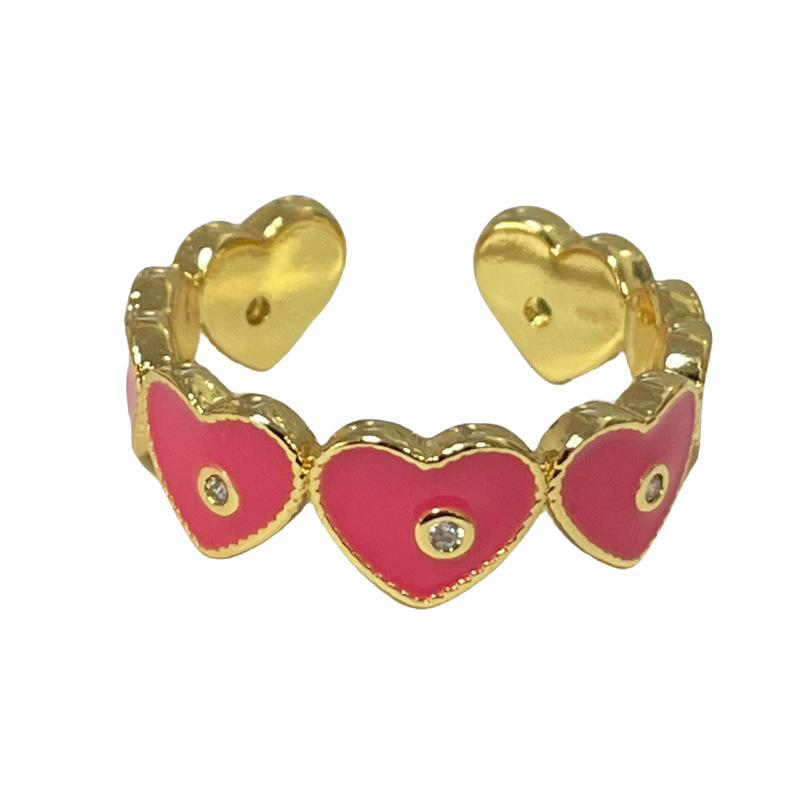 Sweet and cool diamondback checkered color-blocked heart-shaped drip glaze, a niche design open ring, a fashionable and versatile food ring for women's dopamine Item Picture