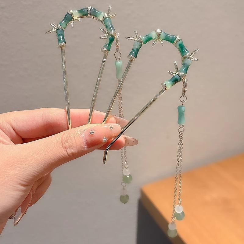 Tassel bamboo joint U-shaped hairpin, new Chinese ancient style coiled hair U-shaped hairpin, women's national style hairpin, hair accessory, Hanfu headwear full figure