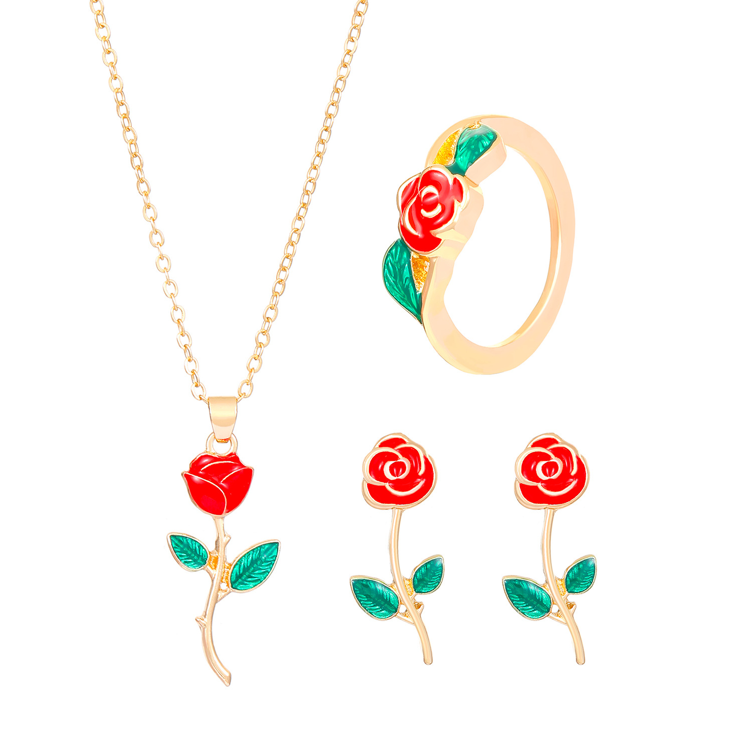 Light luxury glazed rose stud ring necklace three-piece jewelry set, women's fashionable and high-end European and American accessories full figure