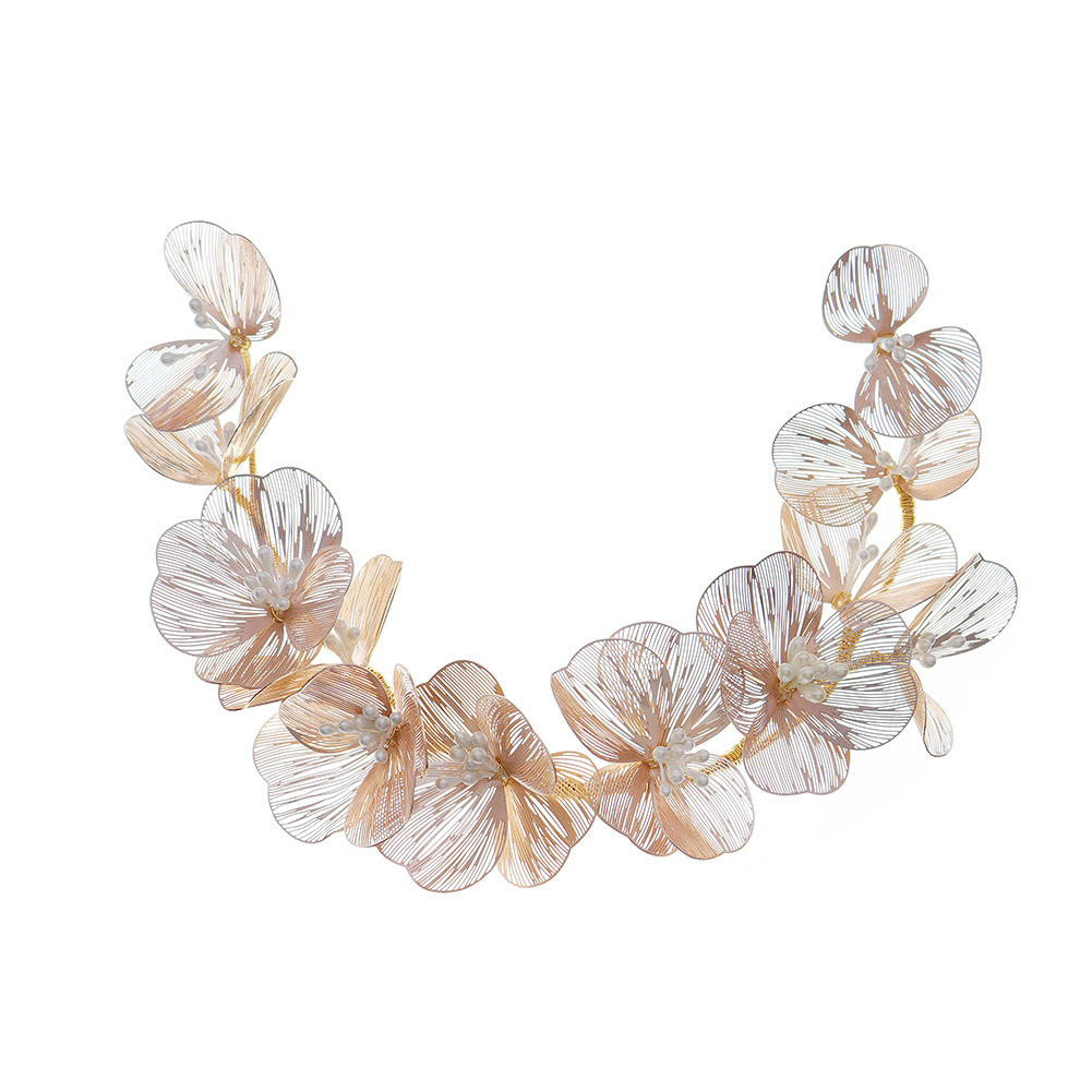 Handcrafted pearl headband, Korean-style elegant gold thread petal hair accessory set, bride's wedding headwear, Soo-hee dress headband Item Picture