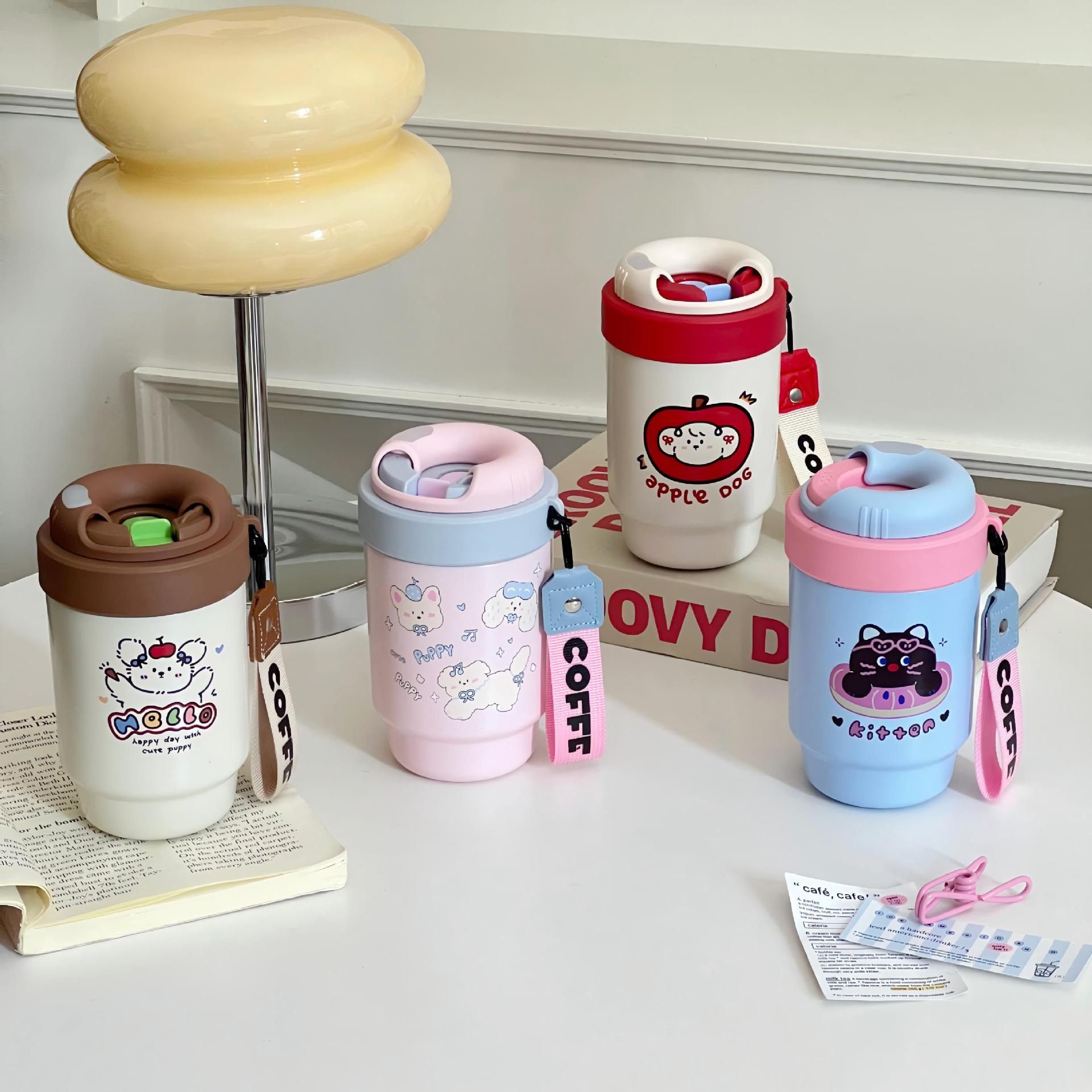 Simple stainless steel coffee cup, hand-held straw insulated cup, 316 portable couple girls' office double drinking cup details Picture