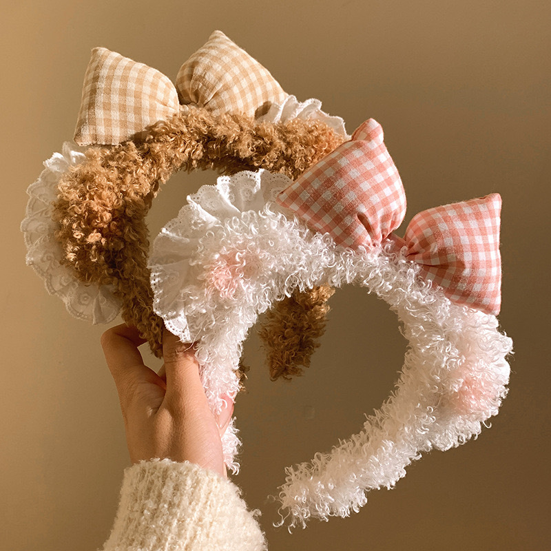Sweet blush, little bear ears, bow, lace, face wash, hair band, women's makeup hair clip, cute plush headband, headwear full figure