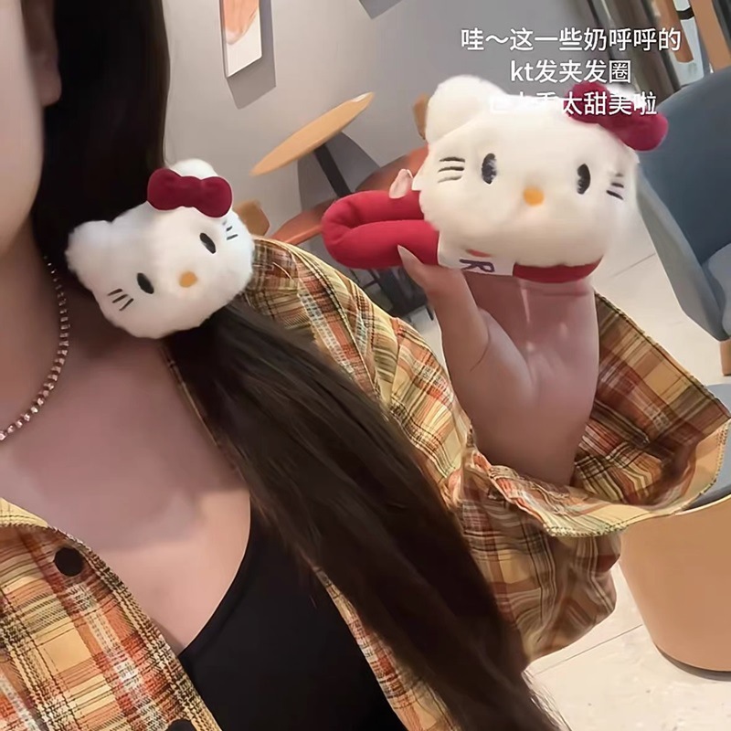 Cute plush Kitty sweet Encore red bow hair clip, girl's bangs cartoon BB hair accessory 2024 Application Scenario