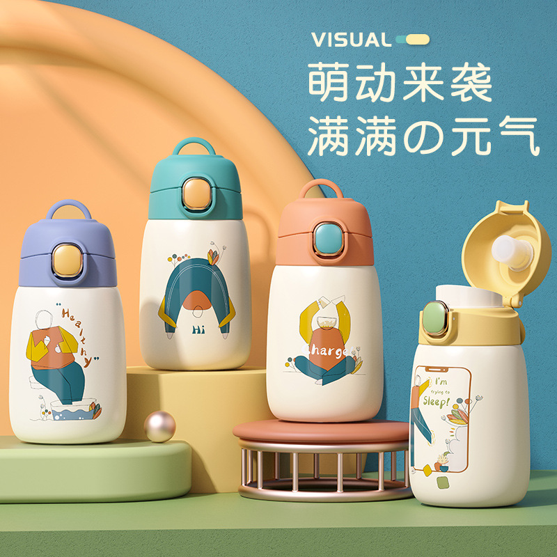 Creative smart temperature-showing Internet celebrity cartoon cute high appearance level large-bellied cup large capacity portable children's insulated water cup full figure