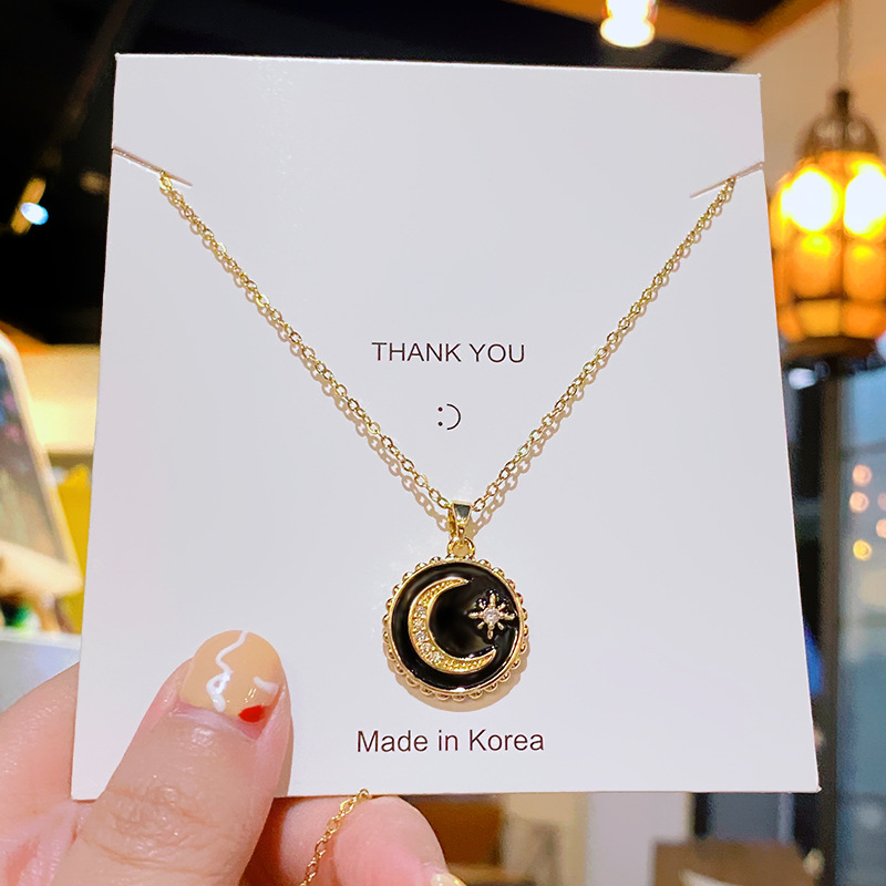 Fashionable and light luxury black bear crown necklace, female star moon element pendant, titanium steel collarbone chain details Picture