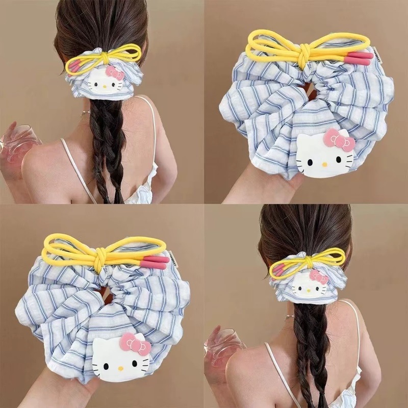 Korean-style KT cat bow tie large intestine circle hair band for women, refreshing blue striped large hair band headband, bun hair band full figure