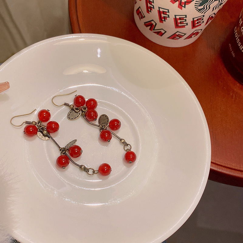 Chinese-style red cherry tassel earrings, unique design, forest-themed long earrings, elegant and high-end, retro earrings Application Scenario