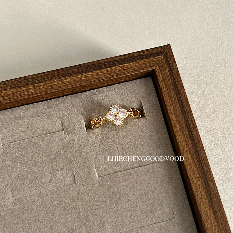 Four-leaf Clover ring - Full diamond zircon opening adjustable index finger ring, a new 2024 exquisite and high-end ring Specification drawing