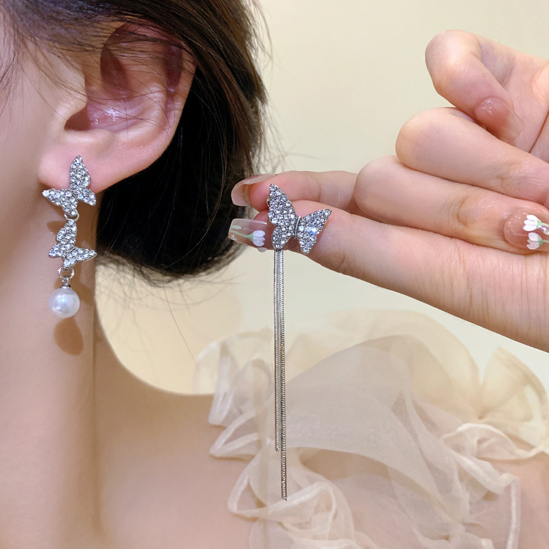 S925 Silver Needle asymmetrical butterfly Pearl Earrings, a French high-end women's diamond-encrusted tassel bestseller stud earrings details Picture