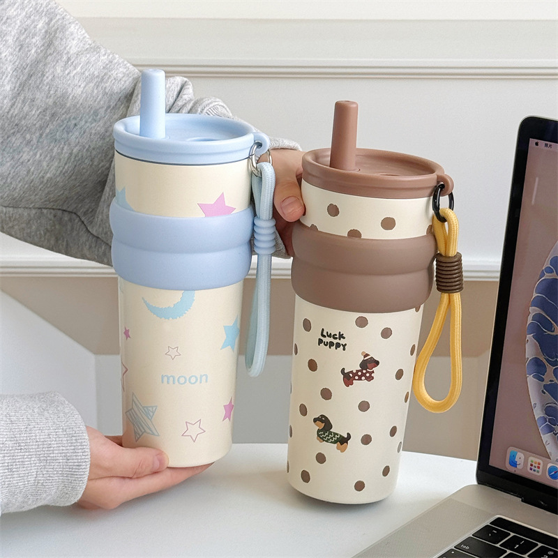 Cute cartoon illustration drawstring straw cup, stainless steel student insulated cup for office drinking, 680ml cold preservation cup Specification drawing
