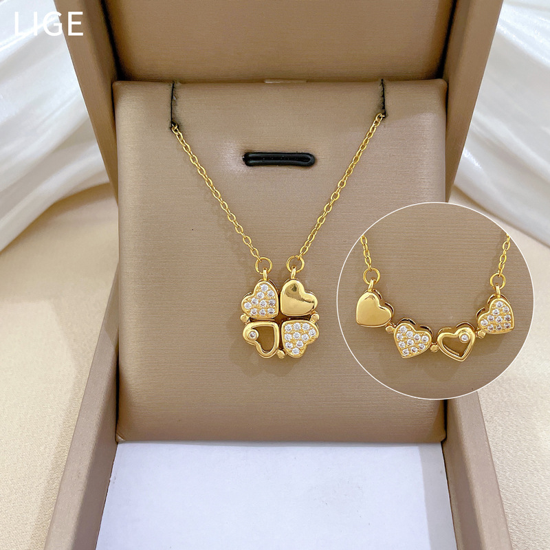 【 Titanium Steel 】 New Women's necklace, a double-wear heart-to-heart opening and closing four-leaf flower full diamond, versatile collarbone chain, titanium steel full figure