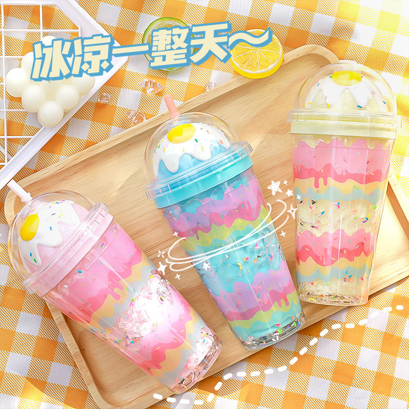 Summer crushed ice cup, double-layer plastic cute egg creative cup, portable office and home use, Korean version popular straw cup details Picture