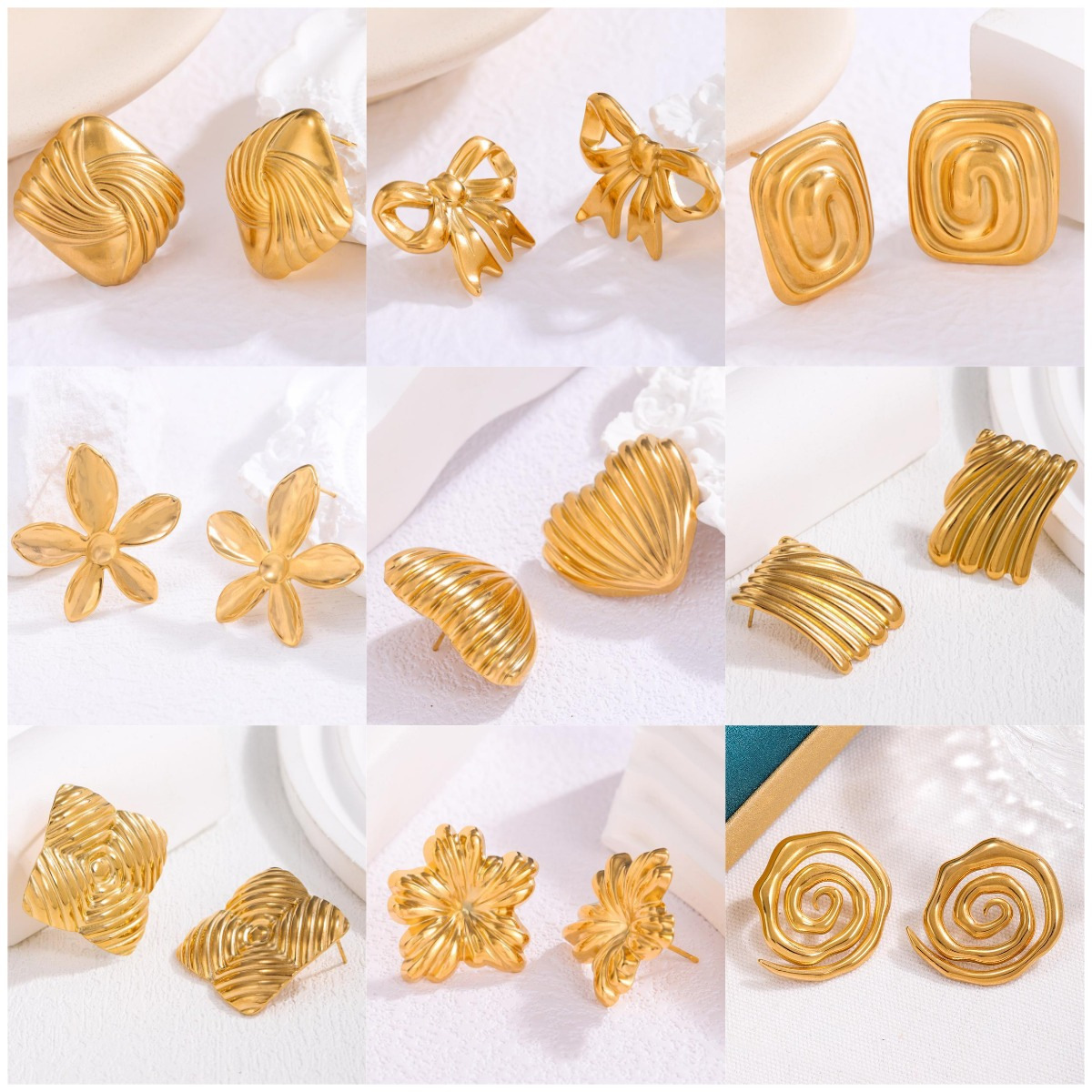 Cross-border bestseller, light luxury and fashionable, gold-plated flower stainless steel stud earrings, women's exaggerated and simple INS titanium steel earrings full figure