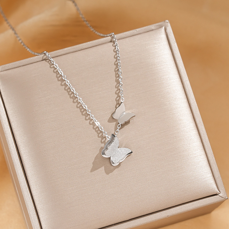 Fashionable titanium steel matte double butterfly pendant, titanium steel necklace for women, vacuum electroplated color retention, high-end collarbone chain wholesale details Picture