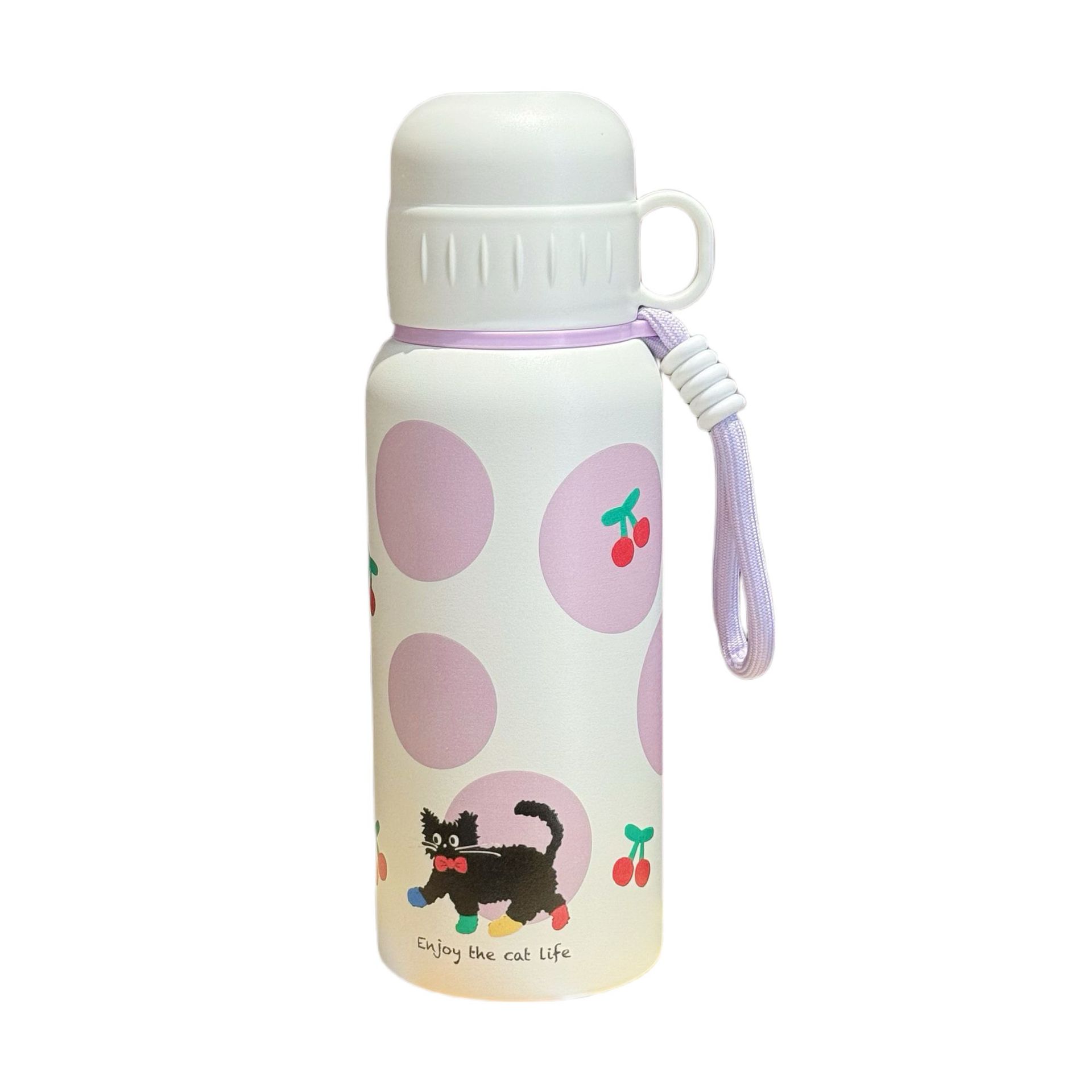 New cup three-drink insulated cup, cute cartoon girls' water cup, portable for students to school, side pocket stainless steel cup Item Picture