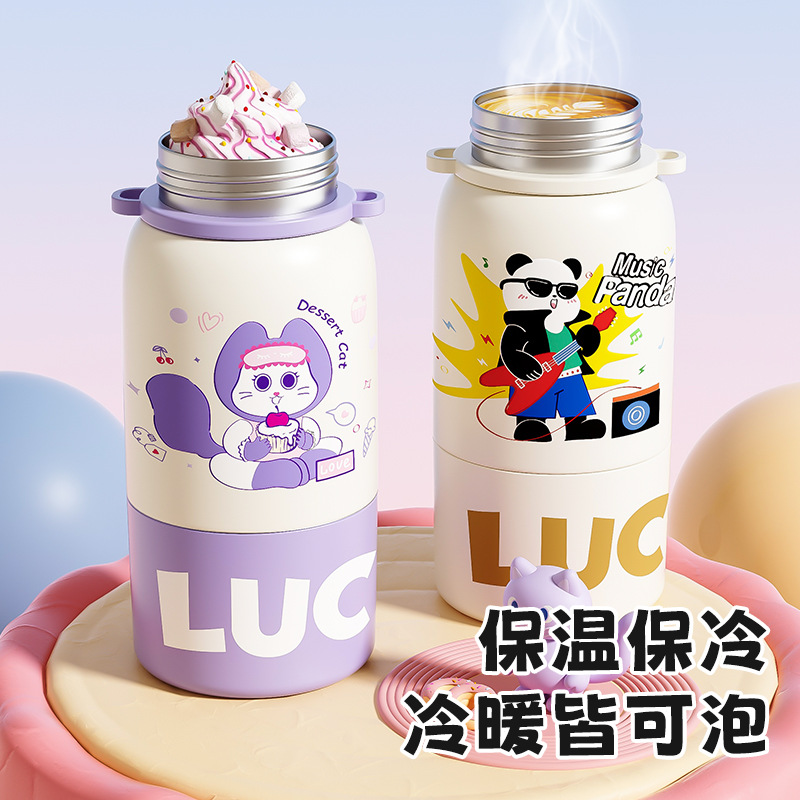 High-appearation-level cartoon children's insulated cup, school cold preservation cup, straw cup, large-capacity one-lid double-drinking stainless steel cup Specification drawing