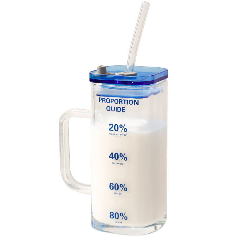 Square glass cup, high appearance level water cup, women's household cup with handle straw, transparent beer, beverage, milk tea new style cup Item Picture