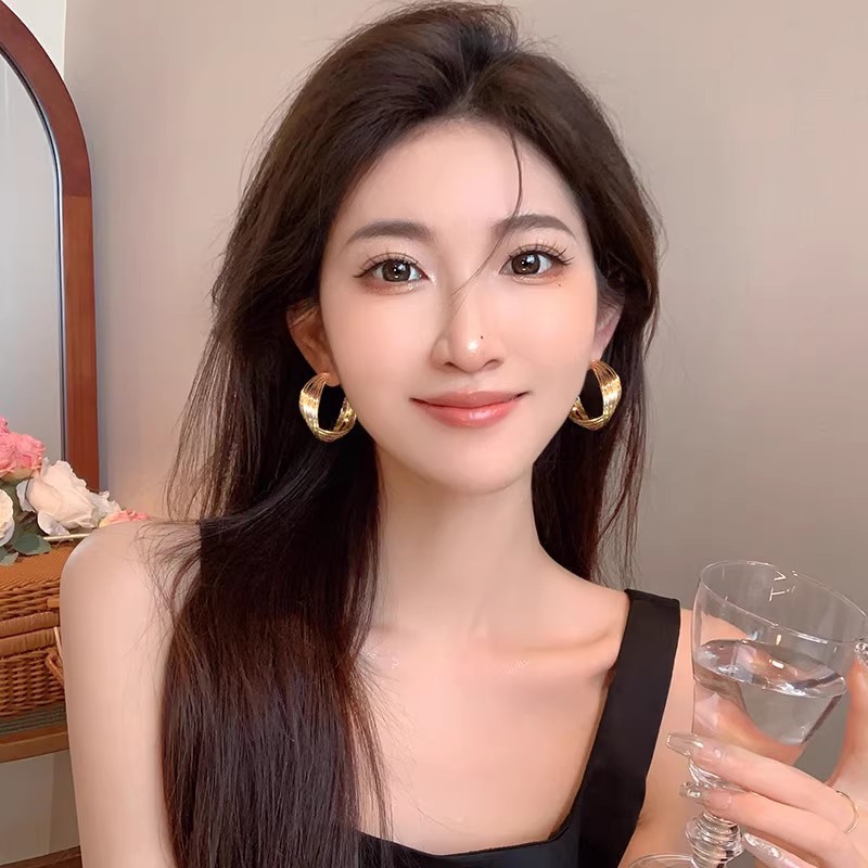 Autumn and winter metal retro Hong Kong-style large circle earrings, niche design, exaggerated line stud earrings, high-end earrings for women full figure