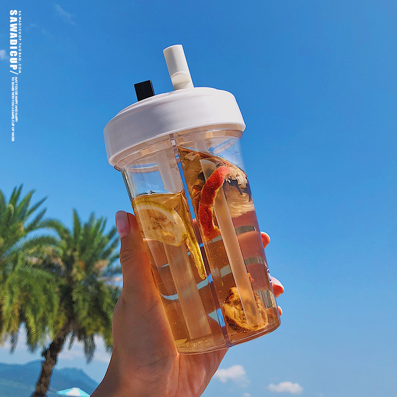 The Korean version of the popular double-drinking cup is a creative couple's shared double-straw plastic portable anti-drop thickened portable cup Specification drawing