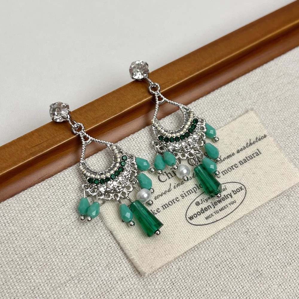 Retro ethnic style water drop tassel earrings, niche design sense Bohemian niche earrings, women's lake blue stud earrings details Picture