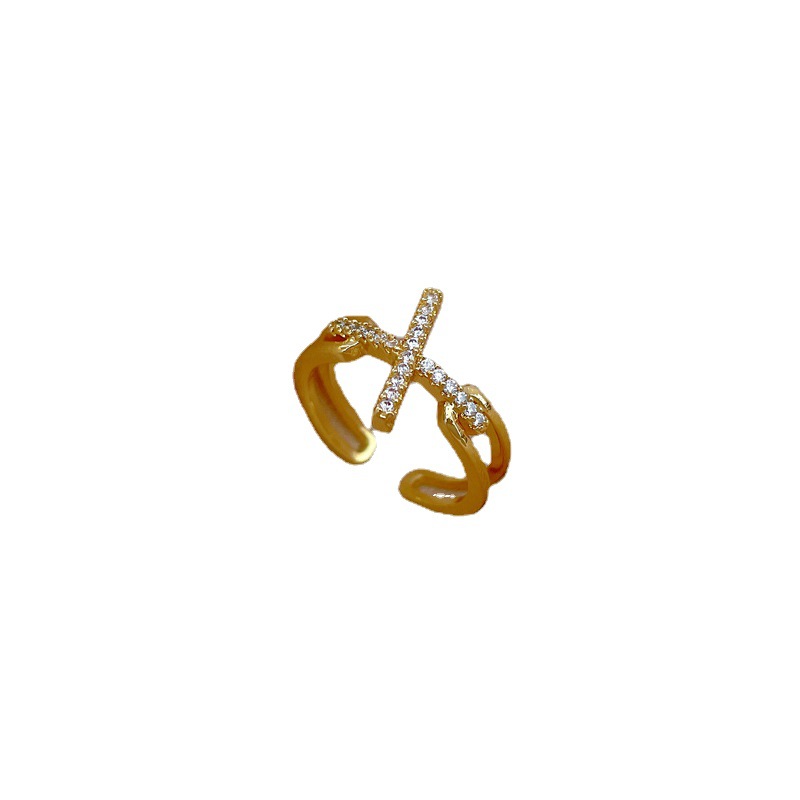 【 Real gold electroplating 】 Open cross women's fashion micro-inlaid light luxury ring index finger ring, the same style as Internet celebrities, cold style Item Picture
