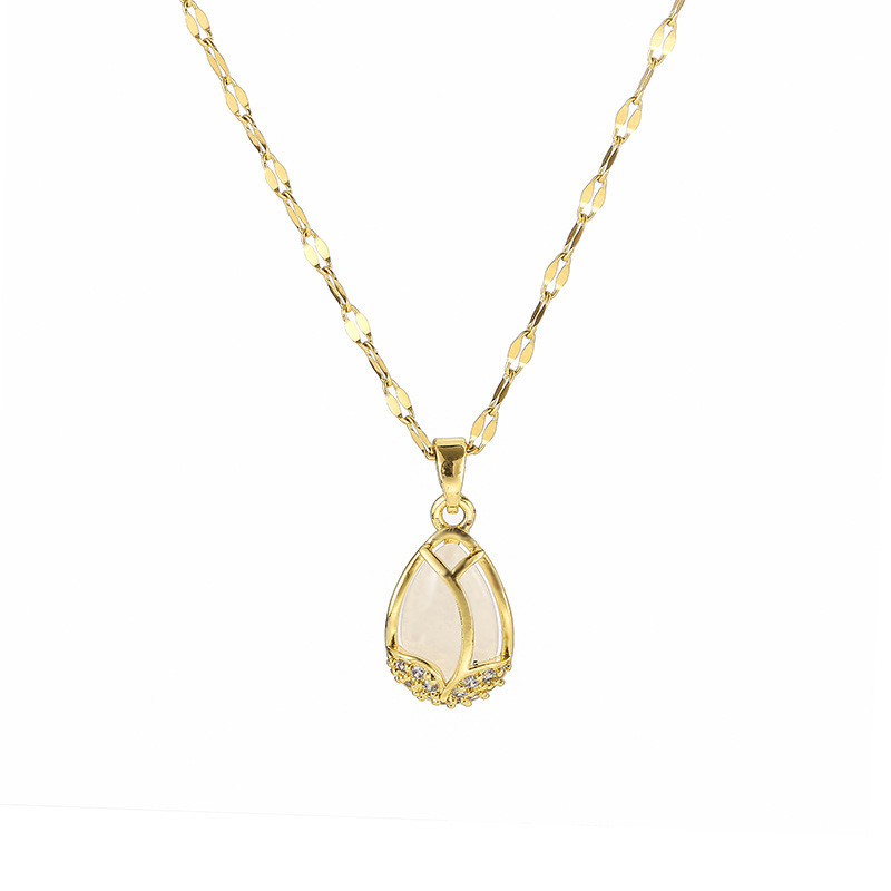 Cat's eye stone tulip titanium steel necklace, women's fashion light luxury inlaid zircon pendant, Internet celebrity bestseller collarbone chain accessory Item Picture