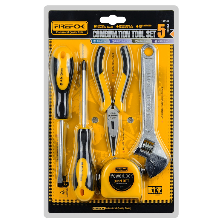 A 5-piece household comprehensive tool set, including an 8-inch adjustable wrench, a 6-inch pointed-nose pliers, a combination of tools and screws Item Picture
