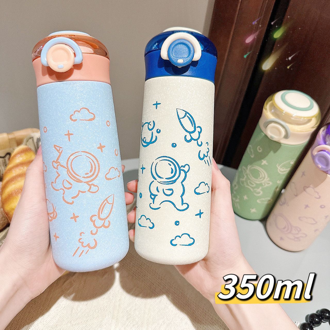 Fresh stainless steel insulated cup, cartoon cute portable water cup, spring lid for direct drinking, student high appearance level cup wholesale full figure