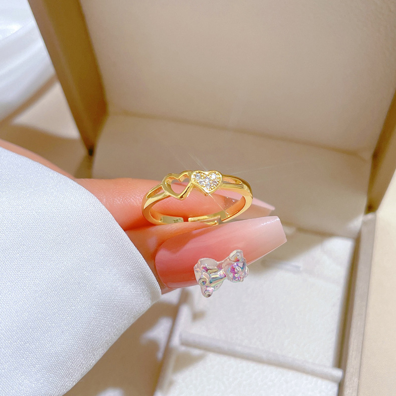 【 Real Gold 】 Heart-shaped hollowed-out small ring with adjustable opening, simple Japanese-style bracelet, couple rings details Picture