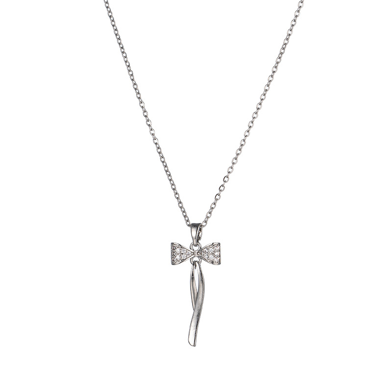 Fashionable and elegant, light luxury, full diamond bow tassel necklace for women, unique and versatile, high-end collarbone chain, silver accessory Item Picture